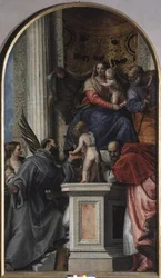 Madonna en Kind op de troon, St. Johannes de Doper als jongen, St. Jozef, St. Hiëronymus, St. Justinia en St. Franciscus