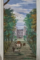 Perspectief met uitzicht op het platteland en rijtuigen, Noordelijke Muur, Bacchus Kamer