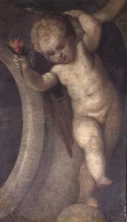 Putto met een rode bloem