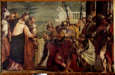 Jezus Christus en de Centurion. De Centurion van Kafarnaüm smeekte Jezus om zijn verlamde dienaar te genezen. Schilderij door Paolo Veronese (1528-1588) 16e eeuw