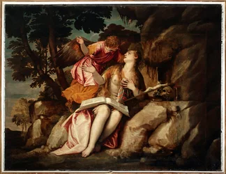 Voorstelling van Maria Magdalena met een engel