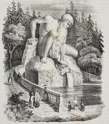 Kolossus van de Apennijnen (door Giambologna) in het park van Villa Demidoff (Villa Medicea di Pratolino), Vaglia, Toscane, Italië, lithografie van Giovanni Mariani uit Poliorama Pittoresco, nr. 10, 15 oktober