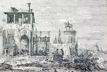 Landschap met een ruitermonument (gravure)