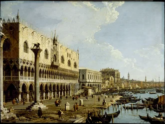 Venetië: een Uitzicht op het Dogenpaleis en de Riva degli Schiavoni vanaf de Piazzetta, c.1729