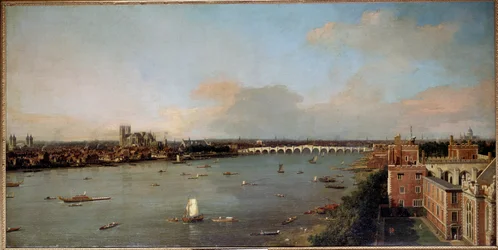 Gezicht op Londen en de Theems in de 18e eeuw. Schilderij van Antonio Canal, bekend als Canaletto (1697-1768), 18e eeuw - Lobkowicz-collecties, Lobkowicz-paleis, Praag - Afmetingen Hoogte: 118 cm (46.5 in). Breedte: 238 cm (93.7 in)