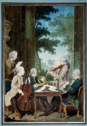 Heren Duport, Vachon, Rodolphe, Provers en Vernier - Portret van een groep musici tijdens een concert. Aquarel van Louis Carrogis (1717-1806), genaamd Carmontelle. 18e eeuw. 0,34 x 0,23 m. Chantilly, Musée Condé