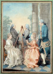 Mevrouw en juffrouw Chatelain, meneer Brot en meneer de la Myre. Aquarel door Louis Carrogis Carmontelle (1717-1806)
