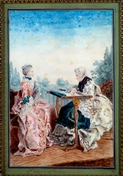 Mademoiselle Melin en Mademoiselle de Laleu maken aquareltapijten