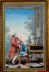Wolfgang Amadeus Mozart (1756-1791) als kind piano spelend met zijn vader en zus