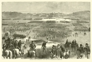 Positie van het Geconfedereerde Leger toen de overgave werd aangekondigd, april 1865 (gravure)