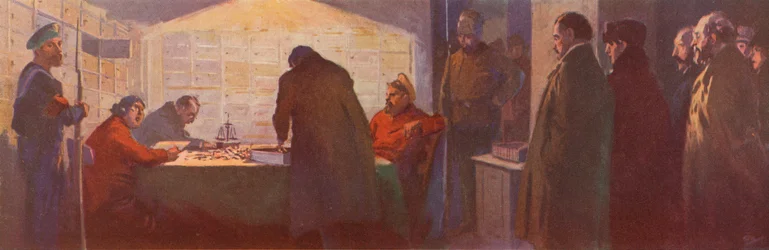 Bolsjewieken doorzoeken de inhoud van kluisjes in een bank, Russische Revolutie