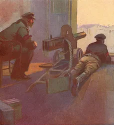 Rode Garde met een machinegeweer uit het raam van een gebouw, Russische Revolutie