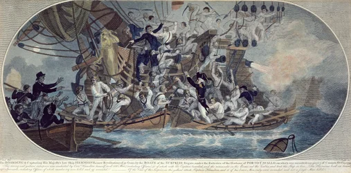 Het enteren en veroveren van Zijne Majesteits voormalige schip, Hermione (nu Retribution) 25 oktober 1799, gegraveerd door Roffe