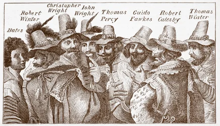 De samenzweerders van het buskruitcomplot, naar een gravure uit 1606