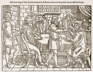 Het verbranden van de hand van Tho. Tomkins door B. Boner, die niet lang daarna ook zijn lichaam verbrandde, illustratie uit 