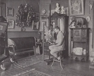 Franse schilder Henri Gervex in zijn atelier (zwart-wit foto)
