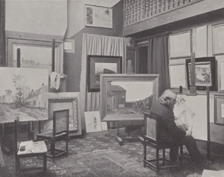 Franse schilder Jean Charles Cazin in zijn atelier (zwart-wit foto)