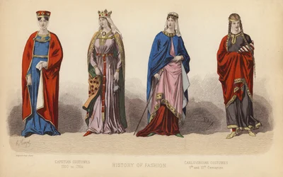 Mode in Frankrijk: Capetiaanse Kostuums 1100 tot 1364; Karolingische Kostuums 9e en 10e Eeuw (gekleurde gravure)