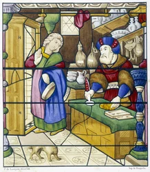 Geschiedenis van de Jood in de Rue des Billettes - facsimile van een glas-in-lood, St Alpin Kerk in Chalon