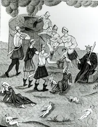 Joden die bloed afnemen van christelijke kinderen voor hun mystieke riten, naar een tekening in het 