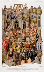 Scène uit de geschiedenis van Fort Roy de Clovis. Mysterie van de 15e eeuw die de stichting van de Kerk van St. Peter en St. Paul, tegenwoordig Saint Genevieve, voorstelt. (van het) Geschilderde doek van de stad Reims.