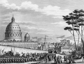 Franse Revolutie: Triomfantelijke intocht van de Fransen in Rome in Italië in februari 1798 onder leiding van generaal Louis Alexandre Berthier die de pauselijke staten binnenviel en de stad Rome op 11 februari veroverde