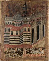 Italië, Siena, kathedraal, schilderij op hout, gereproduceerd op een Biccherna-tablet