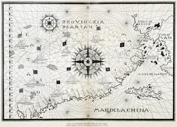 Kaart van het kompas uit een 16e-eeuws atlas, gebaseerd op het origineel bewaard in de bibliotheek van het Museo Civico in Venetië
