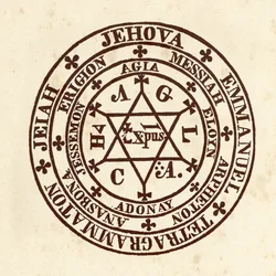 Occulte wetenschappen: magische cirkel. Schema uit "De Occulta Philosophia" door de Duitse occultist Henry Cornelius Agrippa van Nettesheim (1486-1535) (bekend als Cornelius Agrippa of Agrippa van Nettesheim)