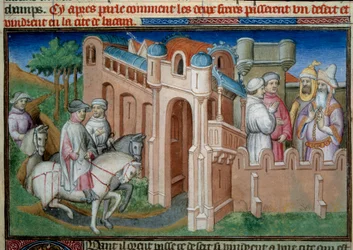 Broers Nicolo en Matteo Polo, oom en vader van Marco Polo (1254-1324) arriveren in Bukhara, Oezbekistan. Miniatuur uit 