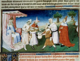 Qubilai (Kubilai Khan, eerste keizer van de Mongoolse Yuan-dynastie (1215-1294) betaalt voor zijn aankopen met miniatuur moerbeibastmunten uit Marco Polo