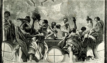 Hemelvaart van de Maagd, detail van fresco door Correggio (1489-1534), koepel van de kathedraal van Parma, Emilia Romagna, Italië, houtsnede uit Le cento città d