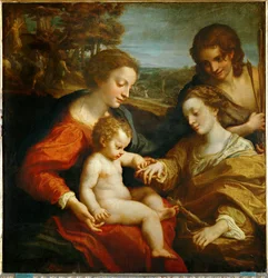 Het mystieke huwelijk van de heilige Catharina van Alexandrië met het kind Jezus, en de heilige Sebastiaan ...