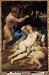 Venus, Satyre en Cupido Schilderij door Antonio Allegri (Correggio) 1525