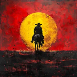 Vintage Western Cowboy en Zonsondergang Cartoon Poster voor Muurdecor