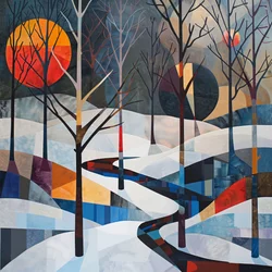 Bomen en winterlandschap, abstracte geometrische vorm voor muurkunstprints