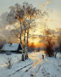 Een huis op het platteland bij zonsondergang in de winter te midden van de sneeuw, canvas kunstdrukken