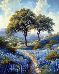 Een pad in een landschap omzoomd met lavendelbloemen, canvas prints op maat