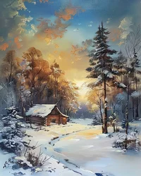 Hut midden in een bos en sneeuw, winterlandschap wanddecoratie