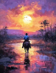 western ridder in een rood zonsondergang landschap, wanddecor voor woonkamer