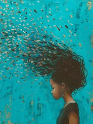 Meisje met haar bewegend in het water, fantastische printbare muurkunst