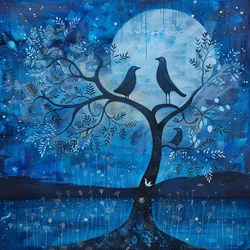 Blauwe maan  vogel, Magie van de sterrennacht, Modern wanddecor | print on demand