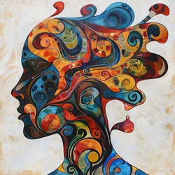 silhouet van een vrouw, gekleurd haar  Swirls, prints op groot doek