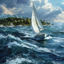 Wit zeilbootjacht aan de kust, Kroatische kust met natuurlijk licht