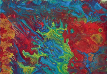 Abstract acrylverf in rood, blauw en geel