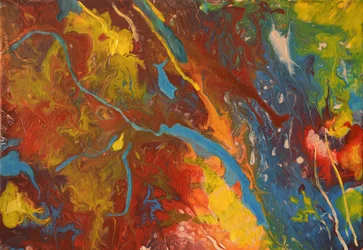Abstract acrylverf in rood, blauw en geel