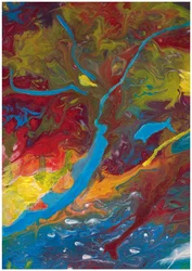 Abstract acrylverf in rood, blauw en geel