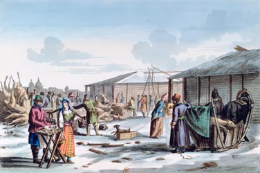 Vleesmarkt tijdens de winter, Rusland, 1821