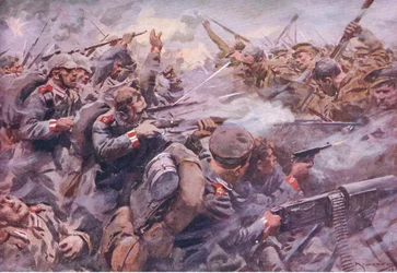 De nederlaag van de Pruisische Garde bij Zonnebeke, uit History of the Great War Vol 3 gepubliceerd door Waverley Book Co Limited, ca. 1920