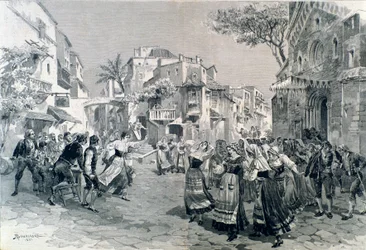 De slotscène van Cavalleria rusticana, opera door Mascagni, in het Teatro alla Scala in 1891